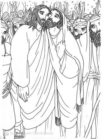 Judas Betrays Jesus To The Men With A Kiss Of Greeting Coloring Page